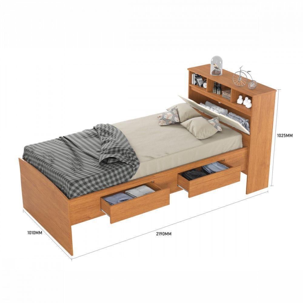 Cama De Solteiro 088 Com Baú E Gavetas Ravena Conquista Cinamomo Com Off White - 2