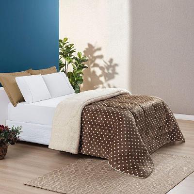 Edredom Coberdrom Romantico Poá Padrão Sherpa E Manta Flannel - Cáqui