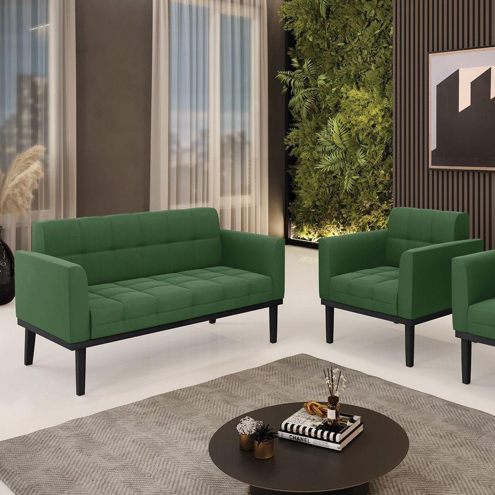 Conjunto Poltrona E Namoradeira Decorativa Pés Fixo Em Madeira Preto Suede Verde - 7