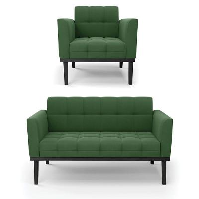 Conjunto Poltrona E Namoradeira Decorativa Pés Fixo Em Madeira Preto Suede Verde