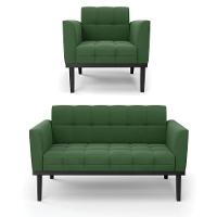 Conjunto Poltrona E Namoradeira Decorativa Pés Fixo Em Madeira Preto Suede Verde - 1