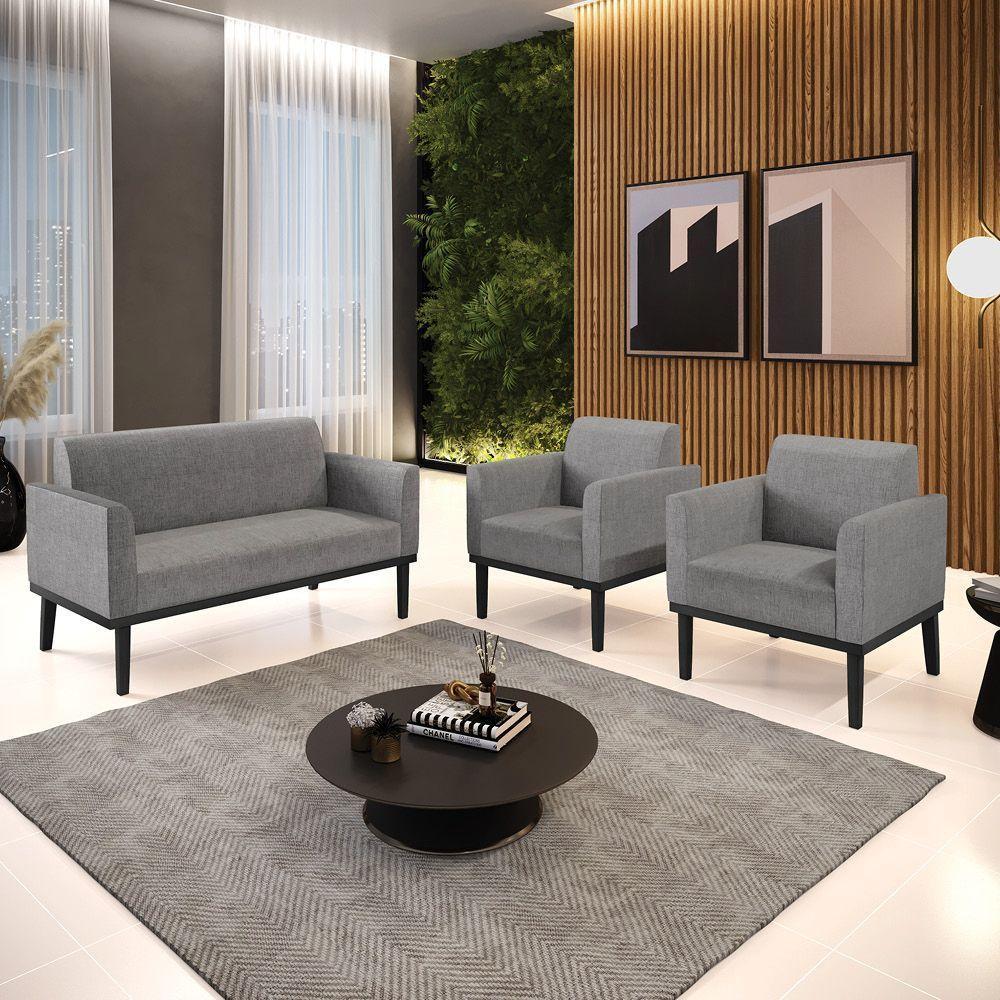 Conjunto 2 Poltronas E 1 Namoradeira Decorativa Pés Fixo Em Madeira Preto Linho Cinza Mesclado - 1