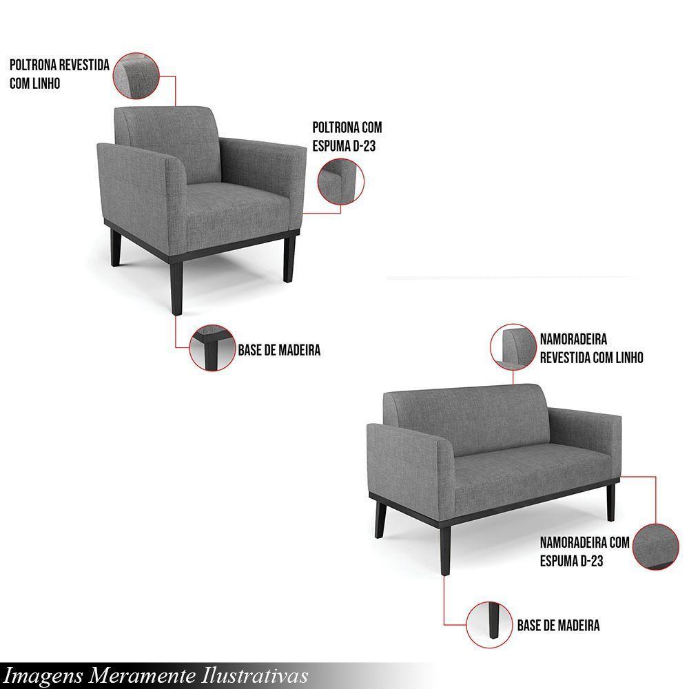 Conjunto 2 Poltronas E 1 Namoradeira Decorativa Pés Fixo Em Madeira Preto Linho Cinza Mesclado - 6
