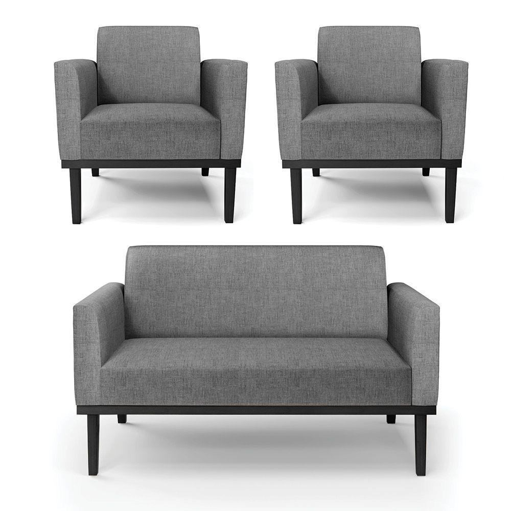 Conjunto 2 Poltronas E 1 Namoradeira Decorativa Pés Fixo Em Madeira Preto Linho Cinza Mesclado - 7