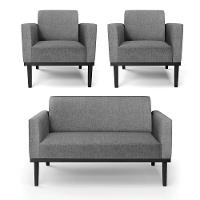 Conjunto 2 Poltronas E 1 Namoradeira Decorativa Pés Fixo Em Madeira Preto Linho Cinza Mesclado - 7