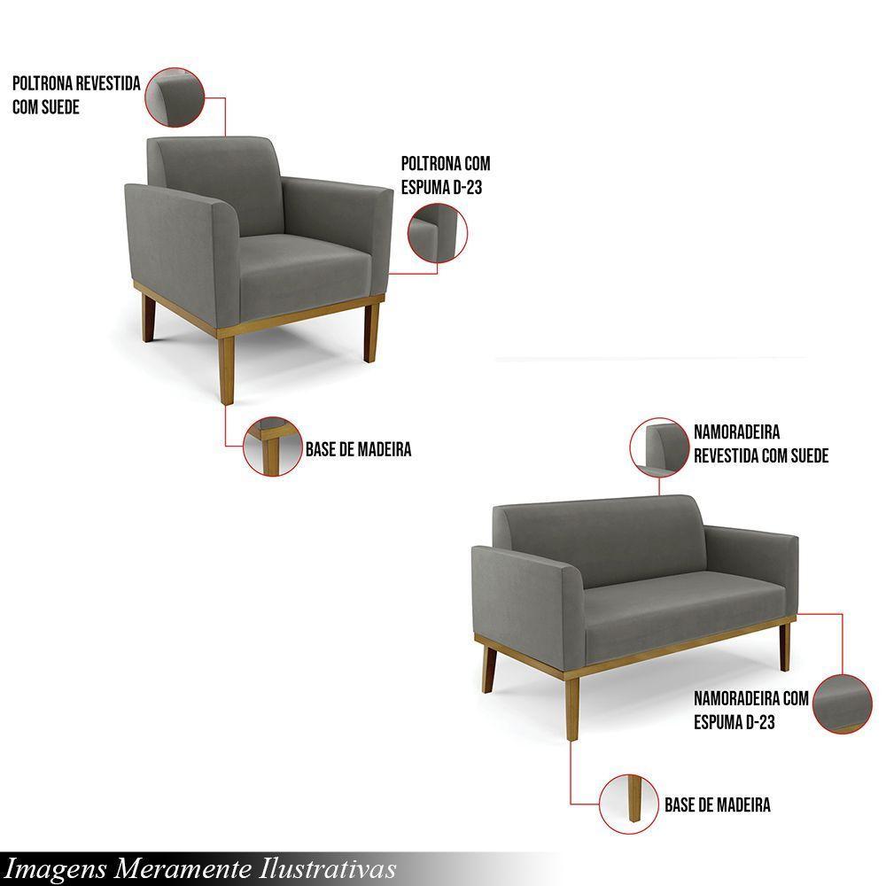 Conjunto 2 Poltronas E 1 Namoradeira Decorativa Pés Fixo Em Madeira Castanho Suede Grafite - 6