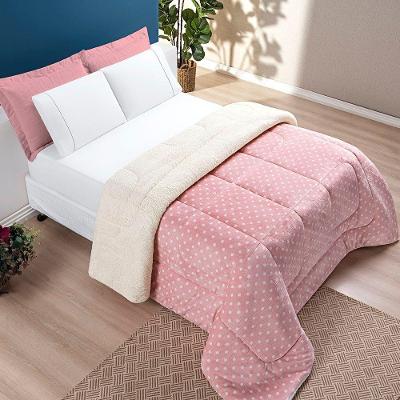 Edredom Coberdrom Romantico Poá Solteiro Sherpa E Manta Flannel - Rosa