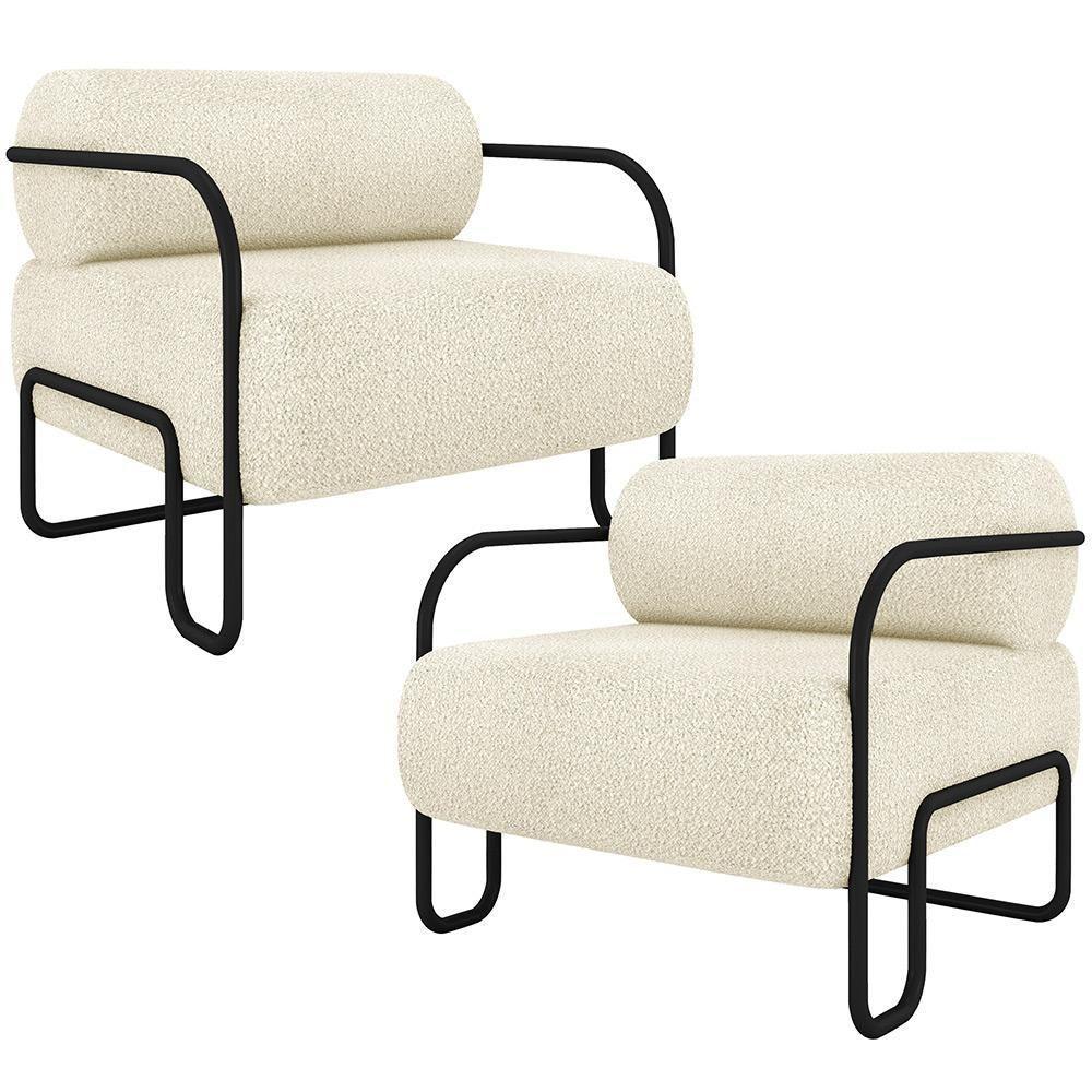 Kit 02 Poltronas Decorativa Pés Industrial Moscou K01 Bouclê Creme - Lyam Decor - 1