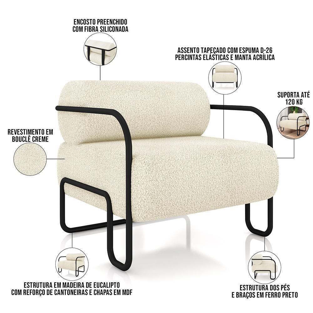 Kit 02 Poltronas Decorativa Pés Industrial Moscou K01 Bouclê Creme - Lyam Decor - 7