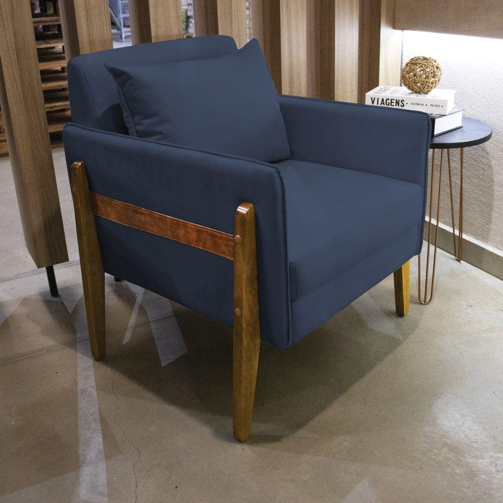 Kit 02 Poltronas Lana Suede Azul Marinho Base De Madeira - 7