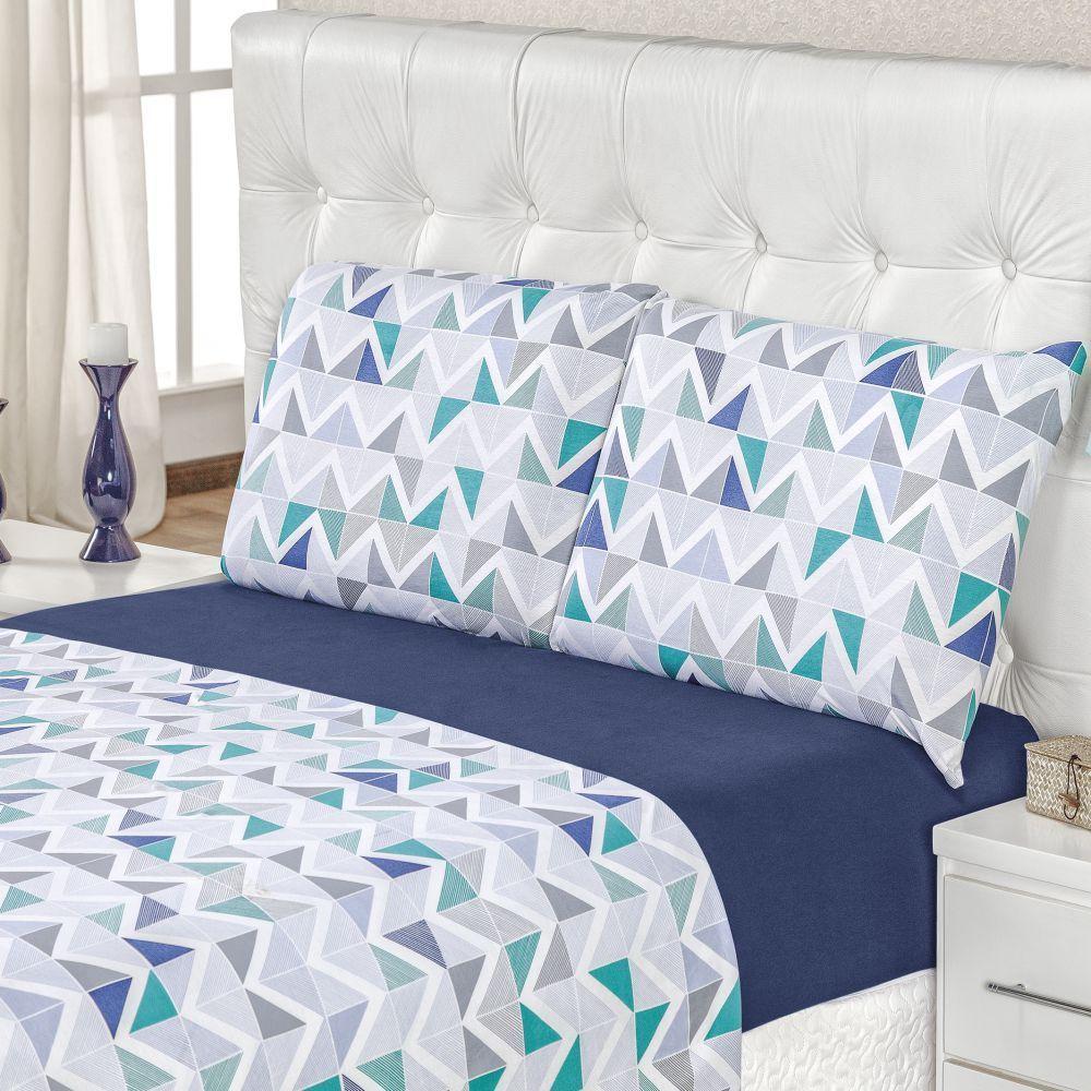 Jogo De Lençol Queen Em Malha 100% Algodão 4 Peças - Geométrico Azul - 1