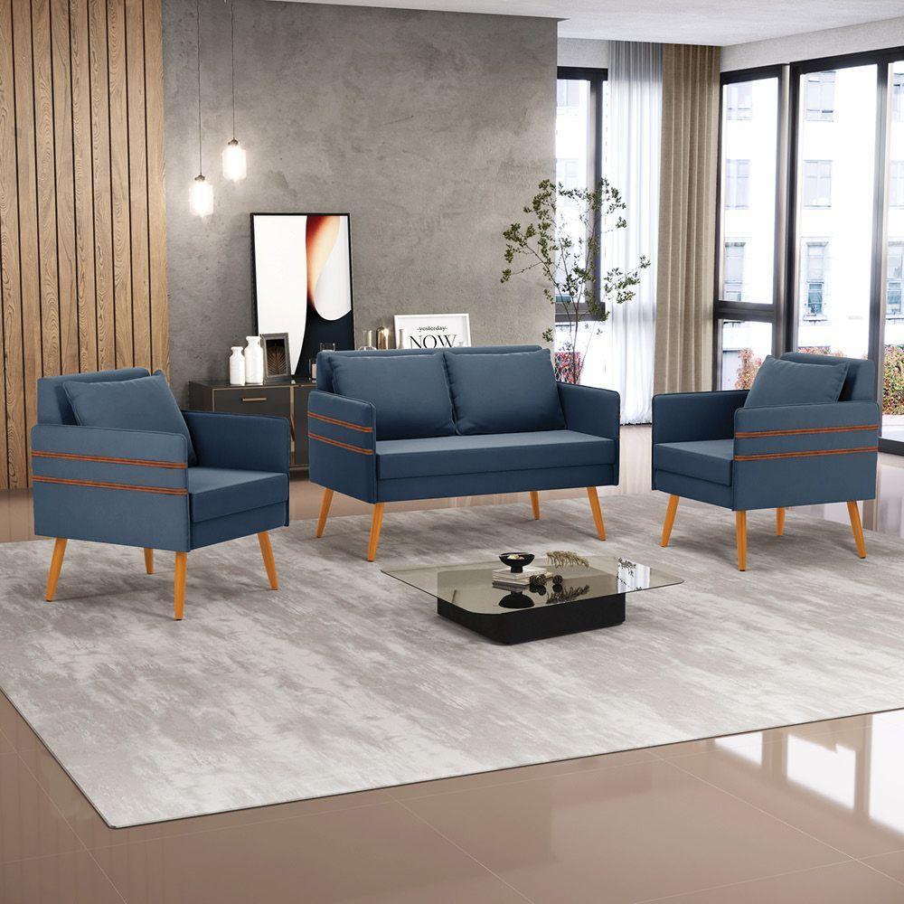 Kit 01 Namoradeira E 02 Poltronas Suede Castanho Azulnho - 8