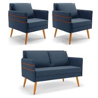 Kit 01 Namoradeira E 02 Poltronas Suede Castanho Azulnho - 1