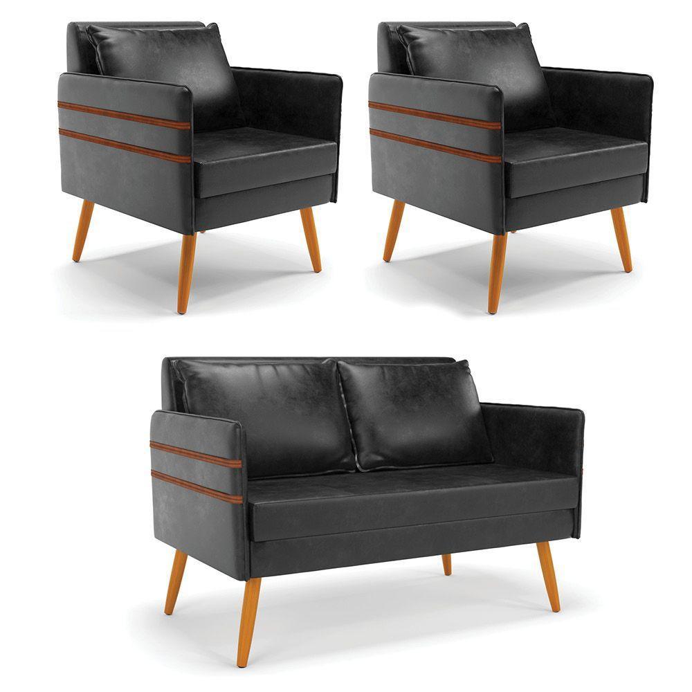 Kit 01 Namoradeira E 02 Poltronas Corano Castanho Preto - 1