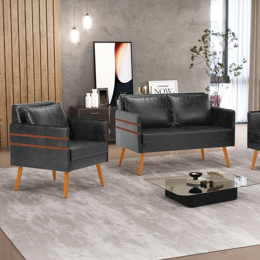 Kit 01 Namoradeira E 02 Poltronas Corano Castanho Preto - 8