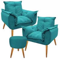Kit 2 Poltronas Opalas Com Puff Redondo Suede Azul Turquesa - 5