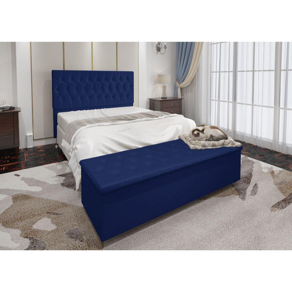 Kit Cabeceira Calçadeira Baú Casal 140cm Azul Marinho - 3