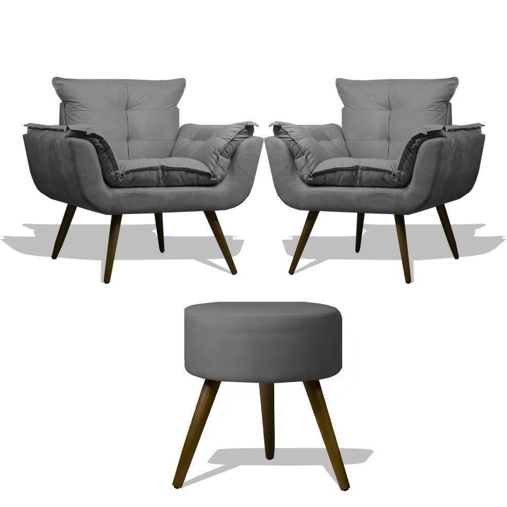 Kit 2 Poltronas Opalas Com Puff Redondo Suede Grafite - 1