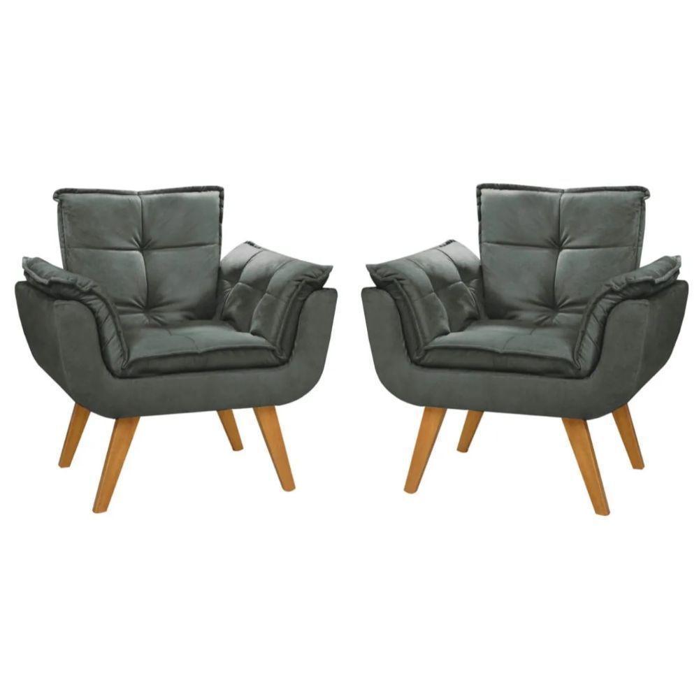 Kit 2 Poltronas Opalas Com Puff Redondo Suede Grafite - 5