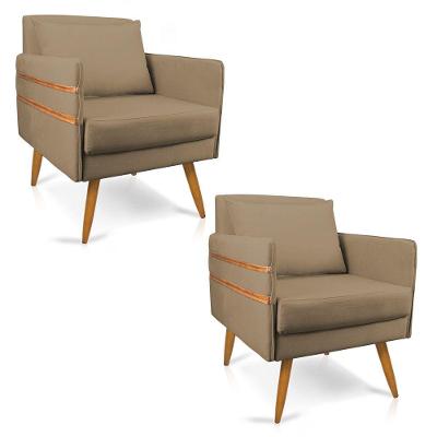 Kit 02 Poltronas Mari Suede Marrom Rato Pés Palito Castanho