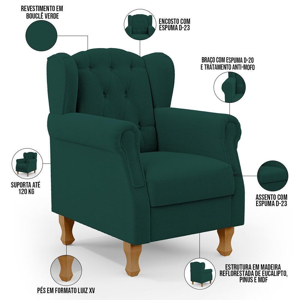 Poltrona De Amamentação Yara P02 Com Puff Paris Luis Xv L02 Bouclê Verde - Lyam Decor - 6