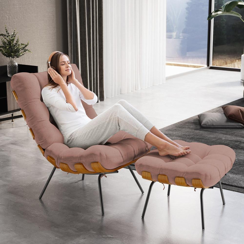 Poltrona Costela L02 Com Puff Sala De Estar Linho Rosê - Lyam Decor - 7