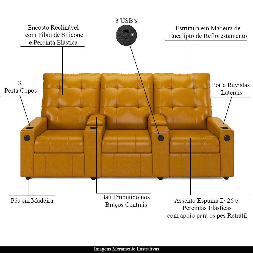 Poltrona Reclinável Para Cinema Parma 3 Lugares Baú Usb Pu Fh1 - D'rossi Cor Whisky - 5