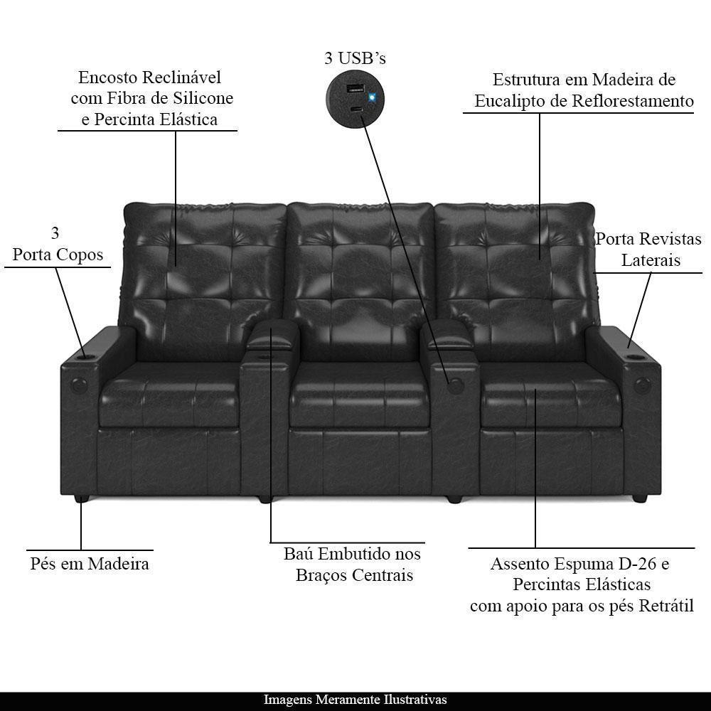 Poltrona Do Papai Reclinável Cinema 3 Lugares Manual Baú Usb Haifa F05 Facto Preto B - Lyam Decor - 2