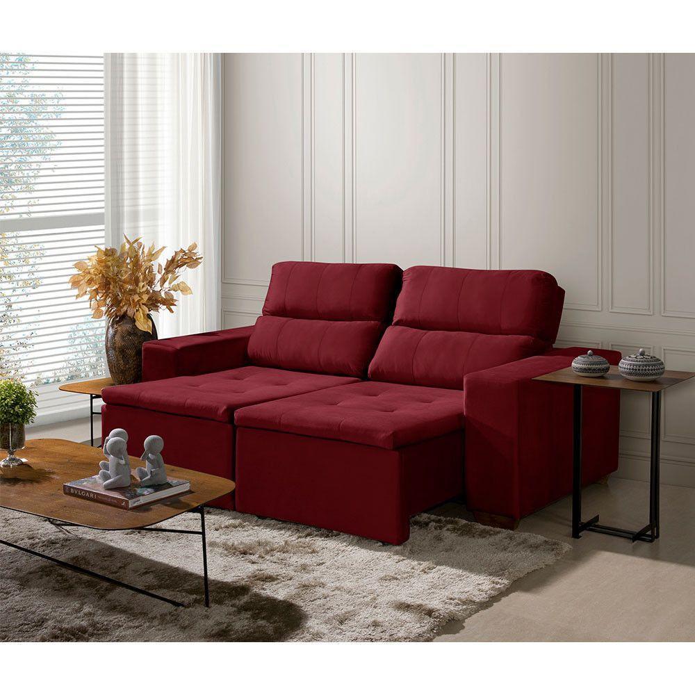 Sofá 3 Lugares 195cm C/ Molas Retrátil E Reclinável Vermelho - 1