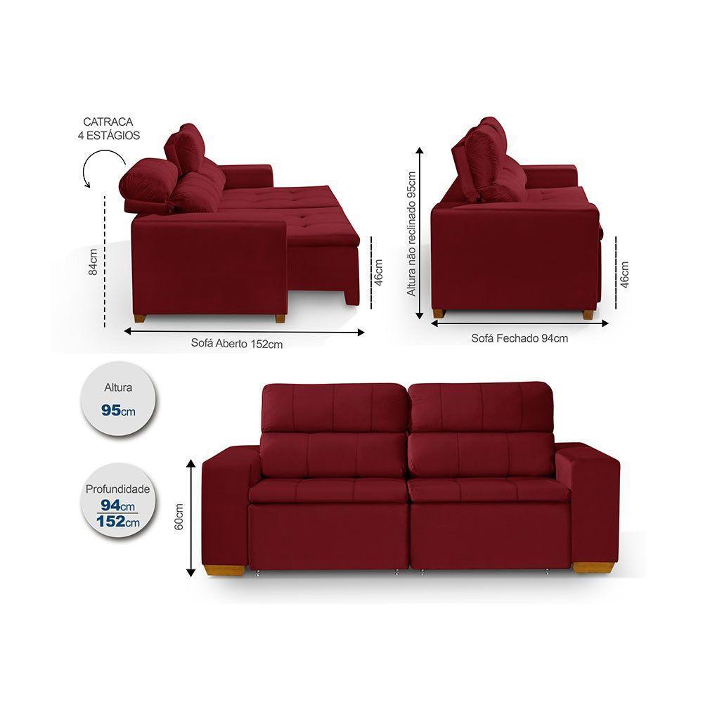 Sofá 3 Lugares 195cm C/ Molas Retrátil E Reclinável Vermelho - 4