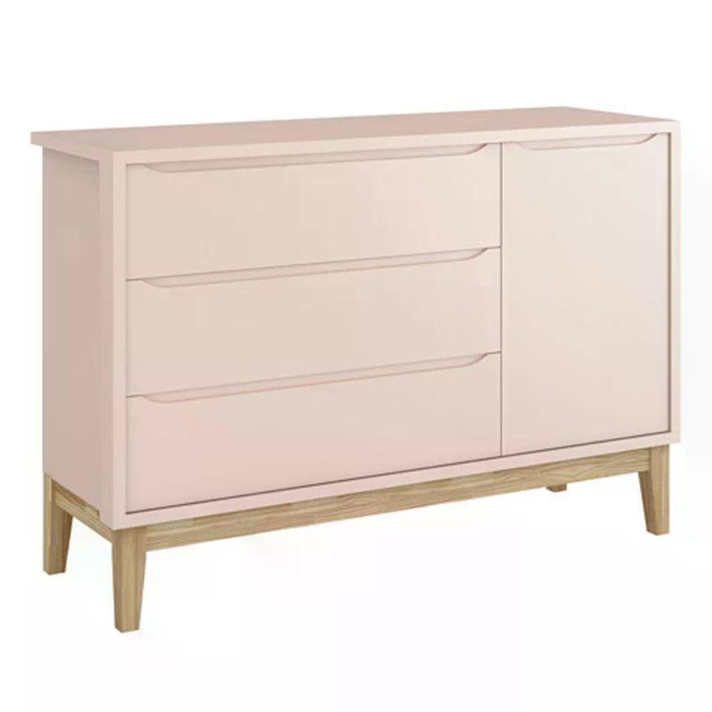 Jogo De Quarto Classic Guarda Roupa 3 Portas E Cômoda Rosa Fosco Com Pés Madeira Natural - Reller Móveis Rosa Fosco - 3