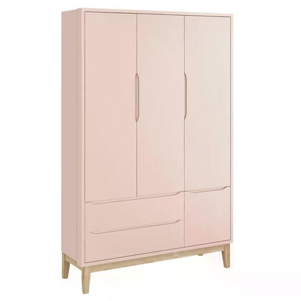 Jogo De Quarto Classic Guarda Roupa 3 Portas E Cômoda Rosa Fosco Com Pés Madeira Natural - Reller Móveis Rosa Fosco - 5