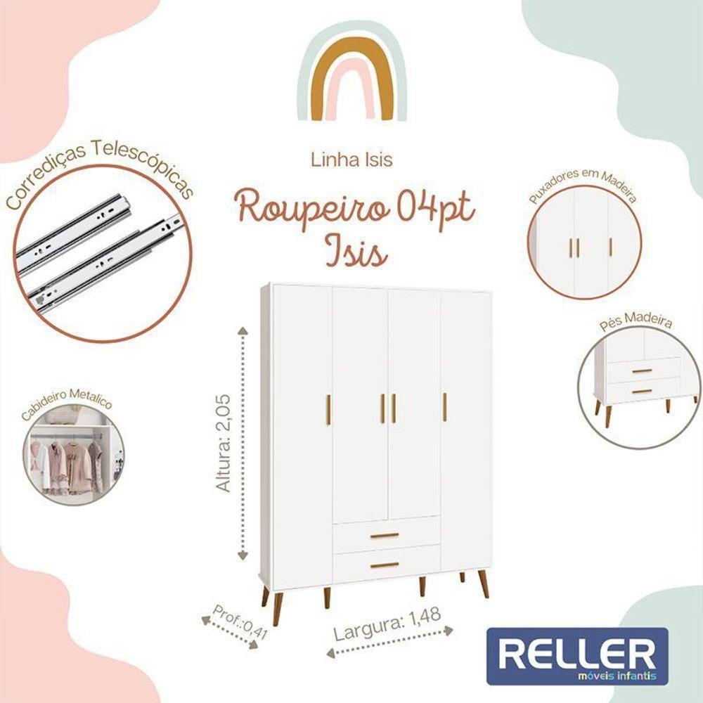 Jogo De Quarto Infantil Isis Guarda Roupa 4 Portas E Cômoda 4 Gavetas Branco - Reller Móveis Branco - 4