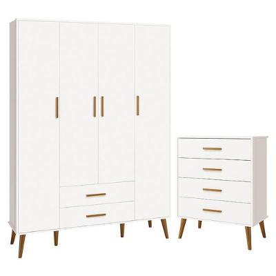 Conjunto de Quarto Infantil Isis Guarda Roupa 4 Portas e Cômoda 6 Gavetas Branco Reller Móveis