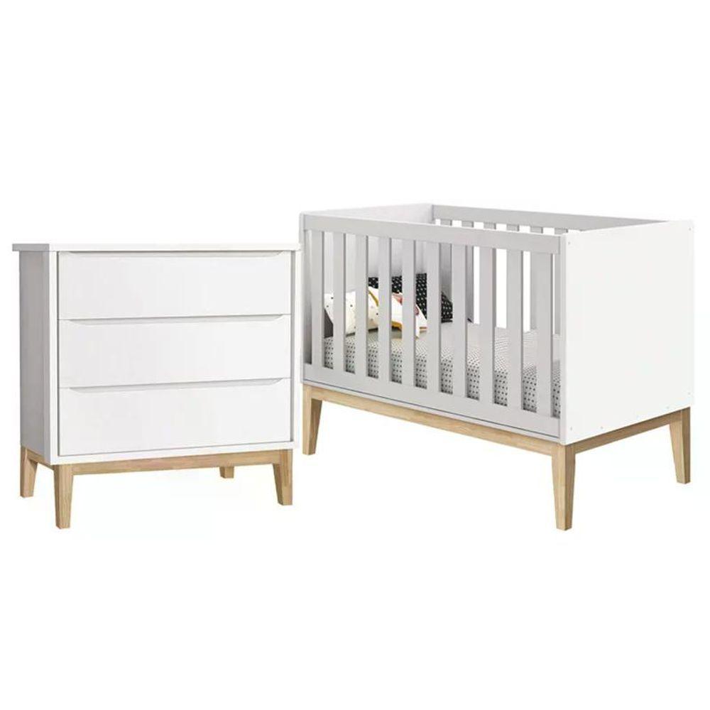 Jogo De Quarto Classic Cômoda 3 Gavetas E Berço Branco Fosco Com Pés Madeira Natural - Reller Móveis Branco Fosco - 1