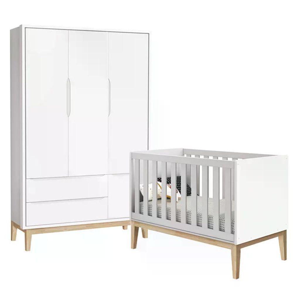 Jogo De Quarto Classic Guarda Roupa 3 Portas E Berço Branco Fosco Com Pés Madeira Natural - Reller Móveis Branco Fosco - 1