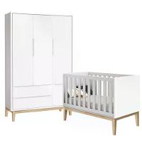 Jogo De Quarto Classic Guarda Roupa 3 Portas E Berço Branco Fosco Com Pés Madeira Natural - Reller Móveis Branco Fosco - 1