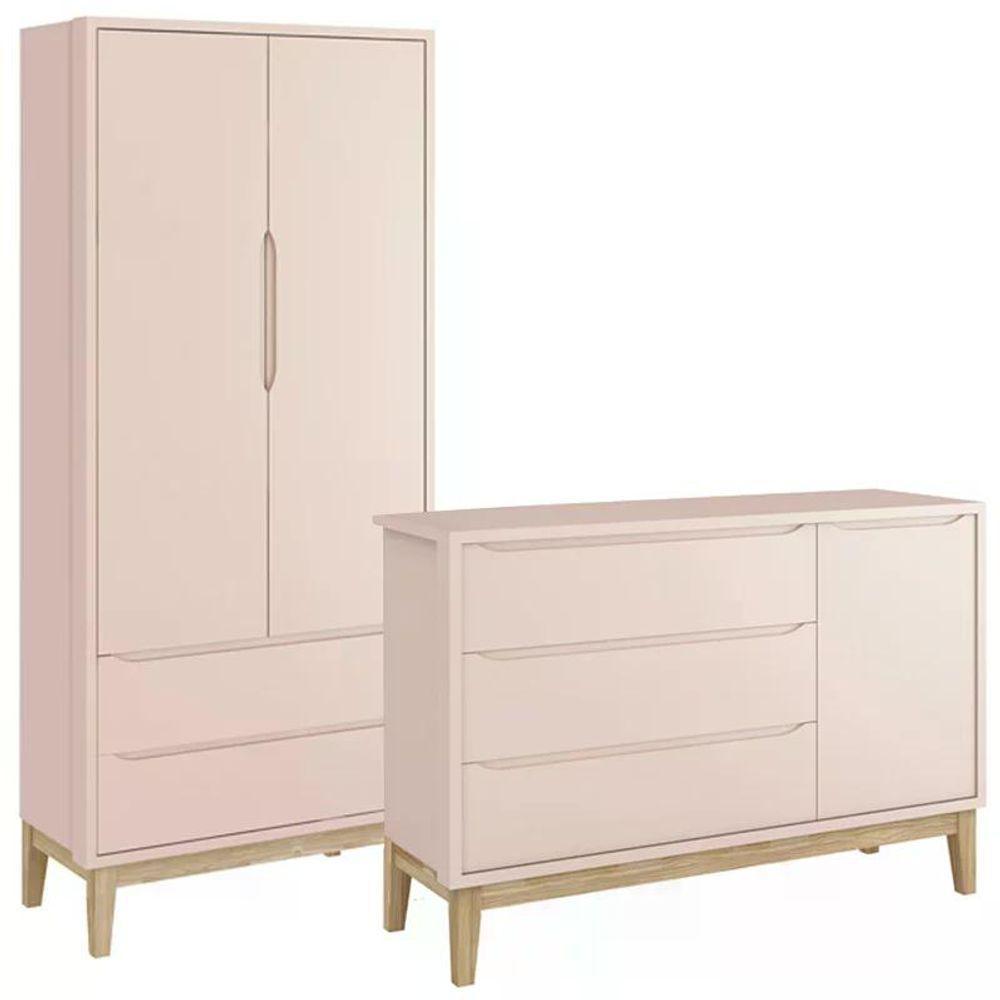 Jogo De Quarto Classic Guarda Roupa 2 Portas E Cômoda Rosa Fosco Com Pés Madeira Natural - Reller Móveis Rosa Fosco - 1