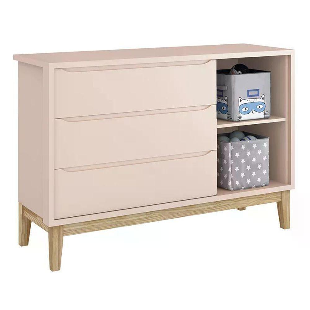 Jogo De Quarto Classic Guarda Roupa 2 Portas E Cômoda Rosa Fosco Com Pés Madeira Natural - Reller Móveis Rosa Fosco - 2