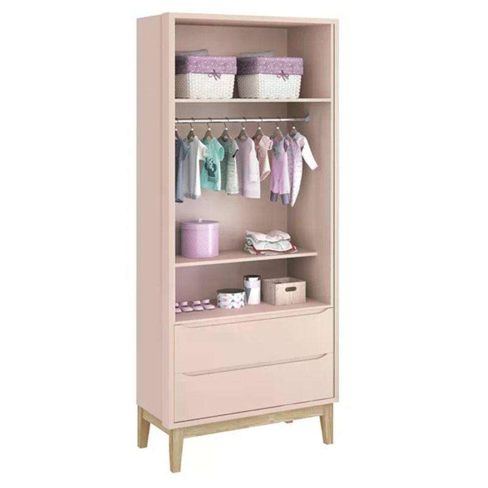 Jogo De Quarto Classic Guarda Roupa 2 Portas E Cômoda Rosa Fosco Com Pés Madeira Natural - Reller Móveis Rosa Fosco - 4