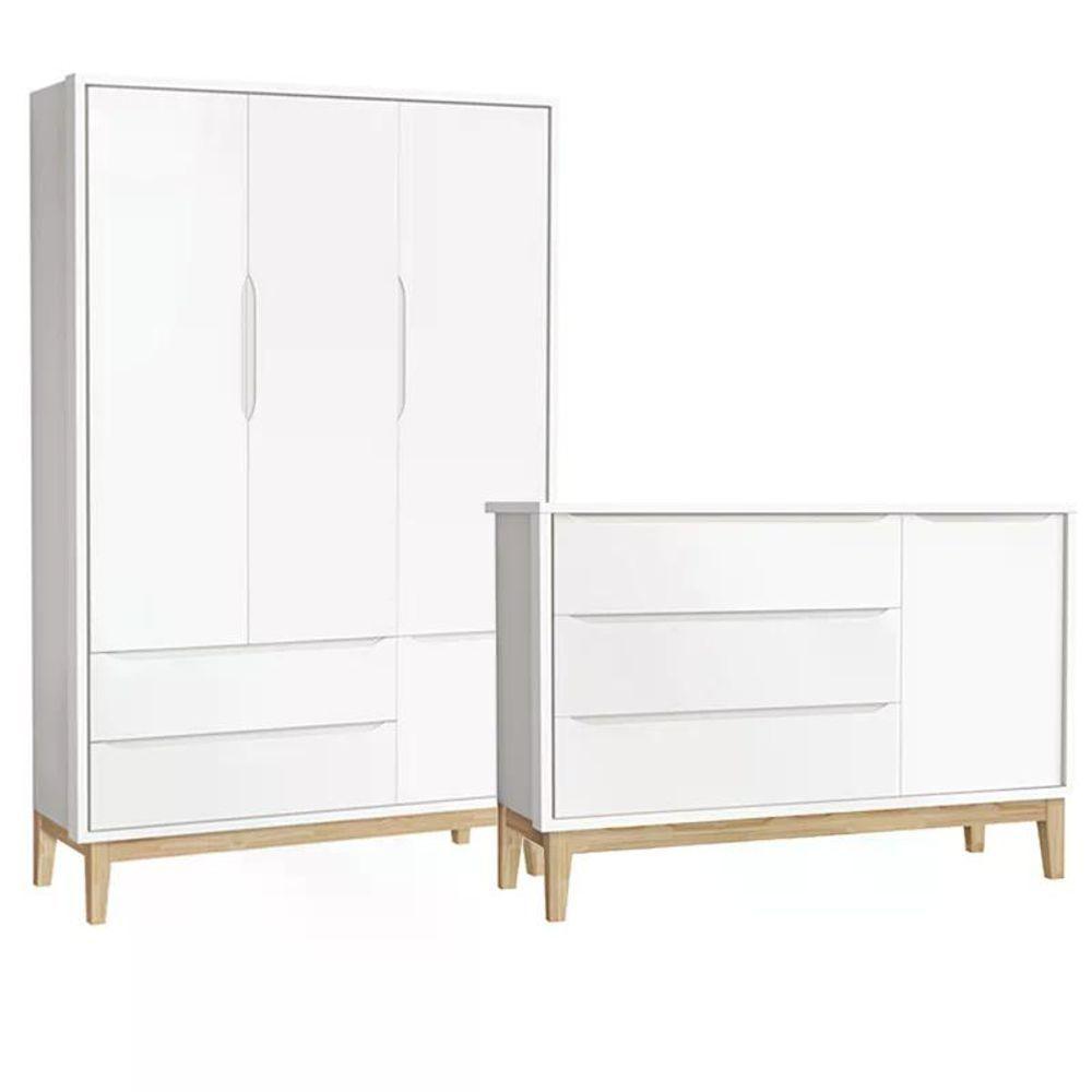 Jogo De Quarto Classic Guarda Roupa 3 Portas E Cômoda Branco Fosco Com Pés Madeira Natural - Reller Móveis Branco Fosco - 1