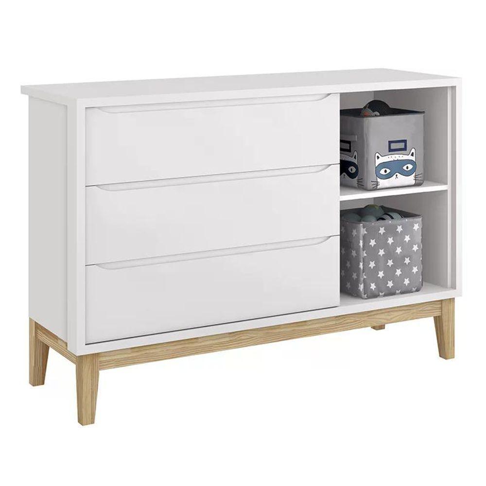 Jogo De Quarto Classic Guarda Roupa 3 Portas E Cômoda Branco Fosco Com Pés Madeira Natural - Reller Móveis Branco Fosco - 3