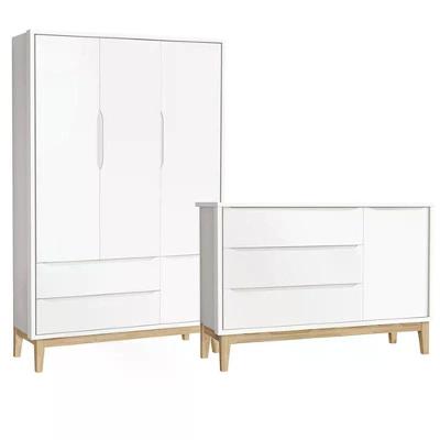 Conjunto de Quarto Classic Infantil 4 Portas Giratórias 5 Gavetas MDF com Cabideiro Branco Fosco
