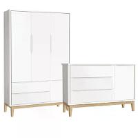 Jogo De Quarto Classic Guarda Roupa 3 Portas E Cômoda Branco Fosco Com Pés Madeira Natural - Reller Móveis Branco Fosco - 1