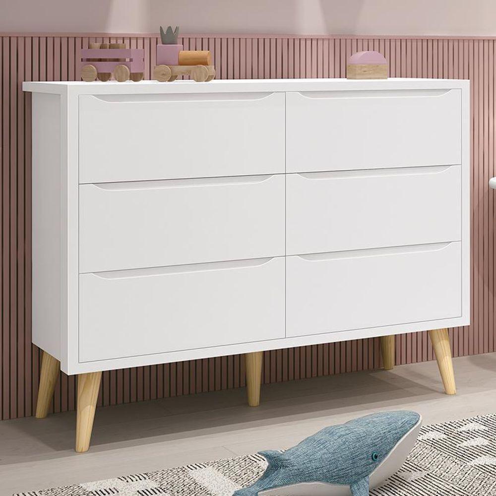 Cômoda Infantil Theo 6 Gavetas Branco Fosco Com Pés Madeira Natural - Reller Móveis Branco Fosco - 2