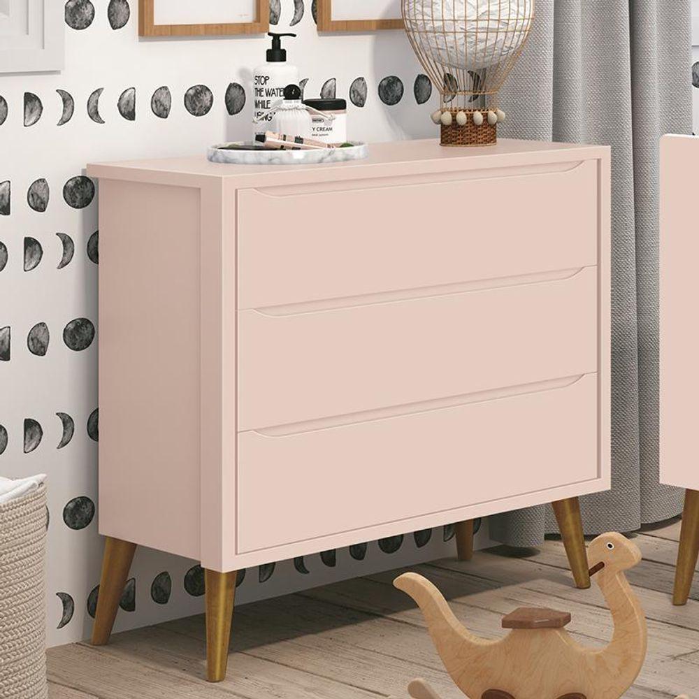 Cômoda Infantil 3 Gavetas Theo Retrô Rosa Fosco Com Pés Amadeirado - Reller Móveis Rosa Fosco - 4