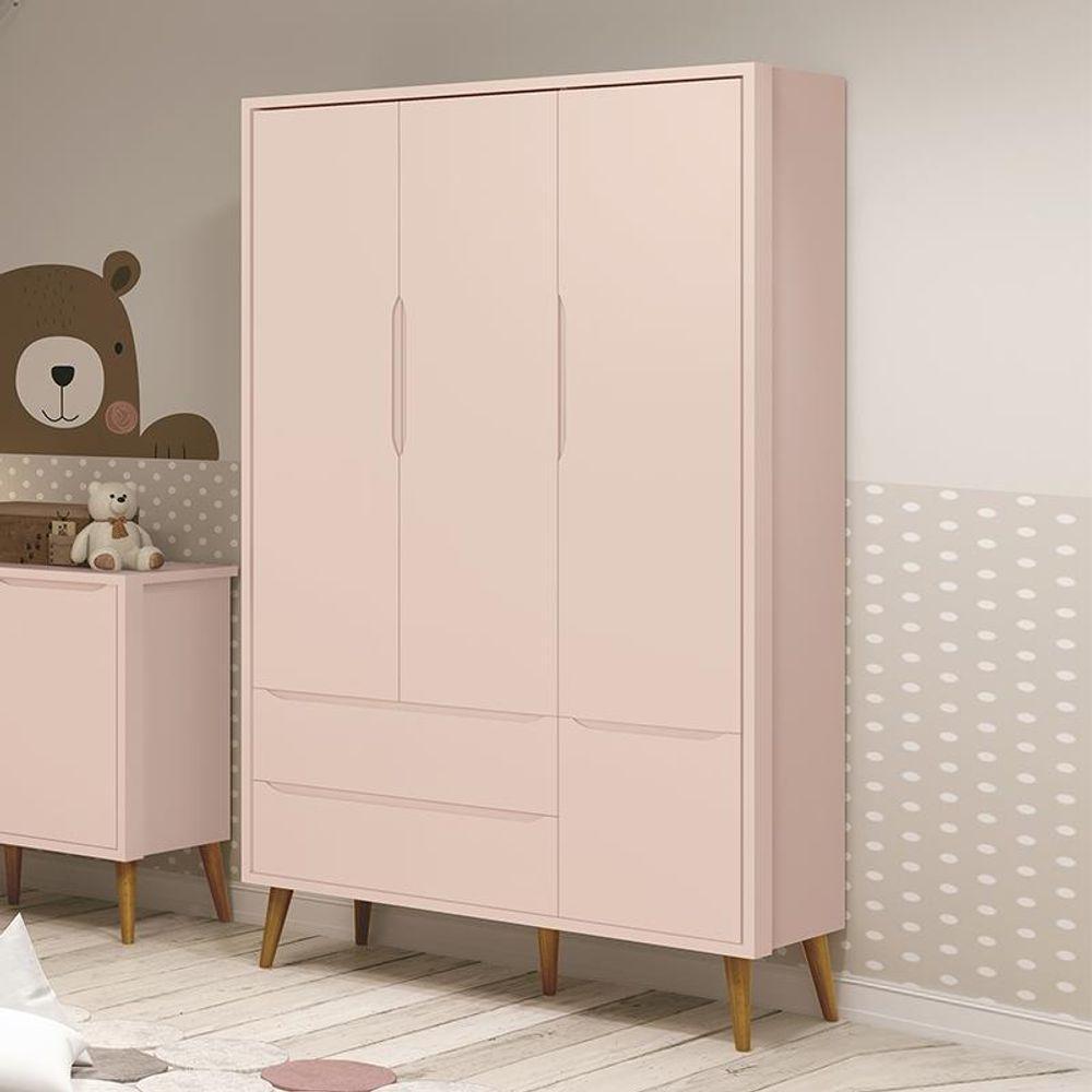 Guarda Roupa Infantil 3 Portas Theo Retrô Rosa Fosco Com Pés Amadeirado - Reller Móveis Rosa Fosco - 3