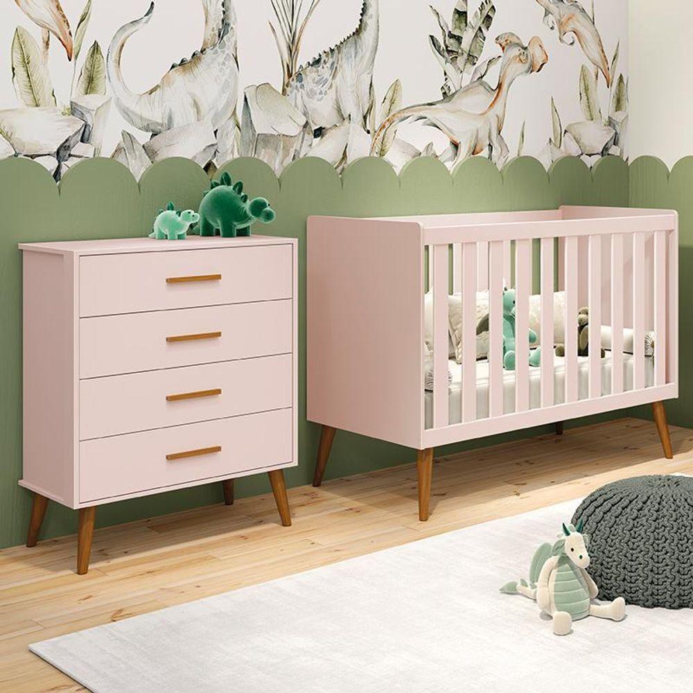 Jogo De Quarto Infantil Isis Cômoda 4 Gavetas E Berço Rosa - Reller Móveis Rosa - 3