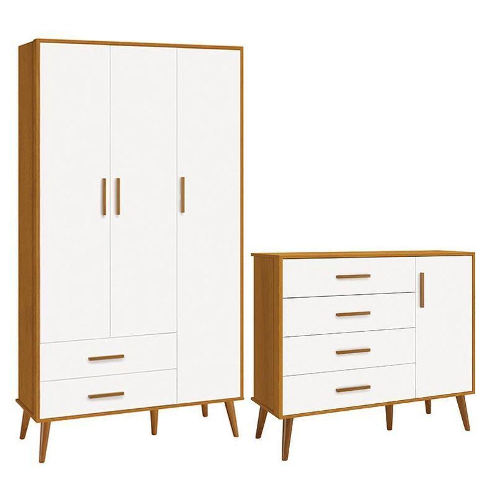 Jogo De Quarto Infantil Isis Guarda Roupa 3 Portas E Cômoda 1 Porta Branco/savana - Reller Móveis Branco/savana - 1