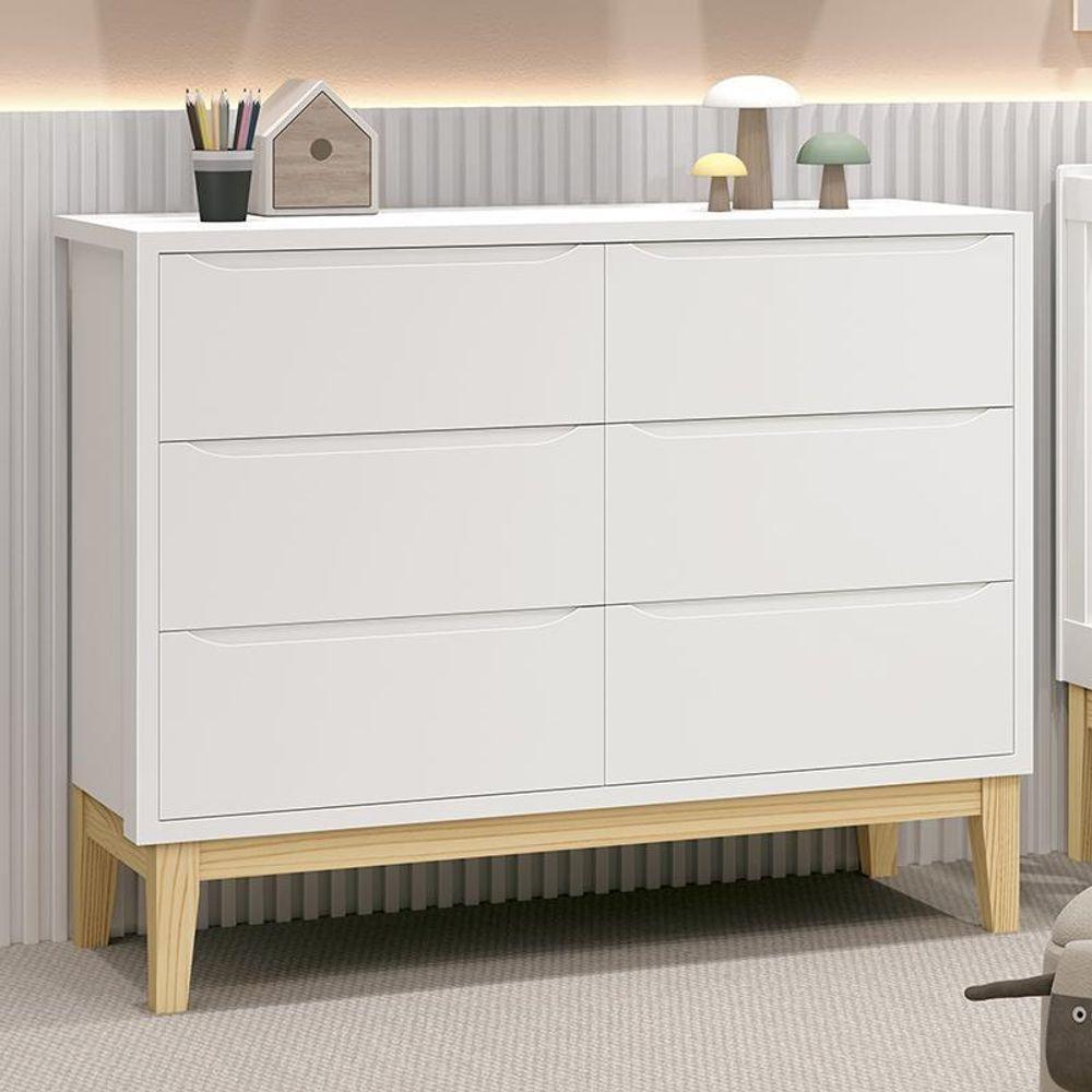 Cômoda Infantil Classic 6 Gavetas Branco Fosco Com Pés Madeira Natural - Reller Móveis Branco Fosco - 3
